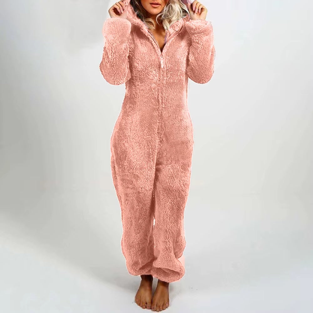 Women'S Plush Romper Autumn Winter Flannel Pajamas Long-Sleeve Zipper High Neck Hat Keep Warm Girl’S Clothes Sleepwear Homewear