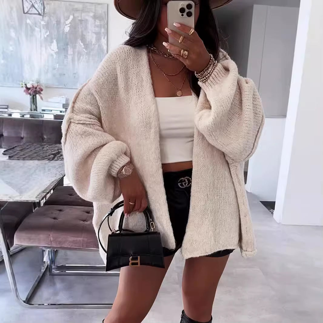 Autumn Winter New Casual Knitted Sweater Cardigan Jacket Loose Long Sleeve Solid Color Mid-Length Sweater Women Cardigan Jacket