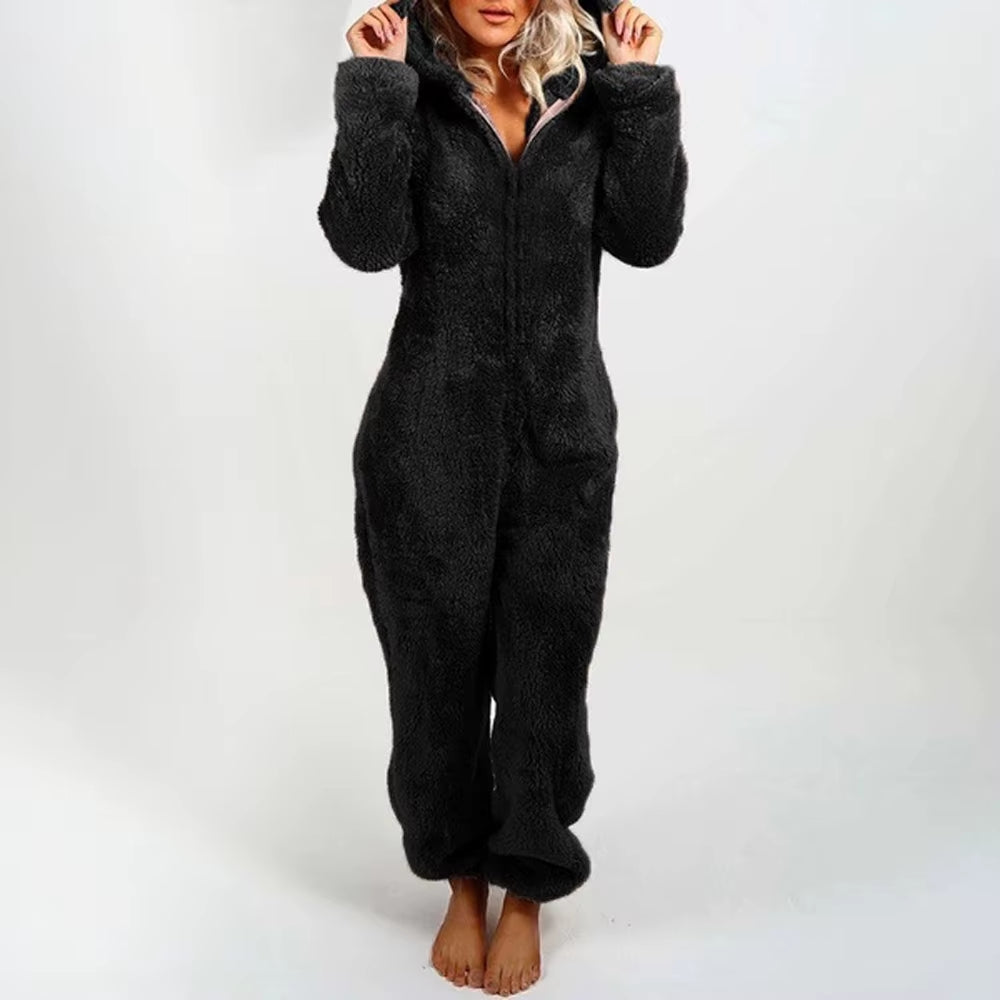 Women'S Plush Romper Autumn Winter Flannel Pajamas Long-Sleeve Zipper High Neck Hat Keep Warm Girl’S Clothes Sleepwear Homewear